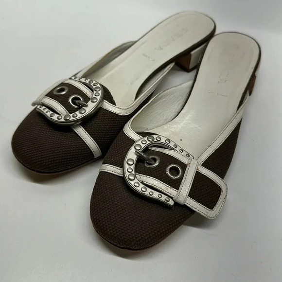 Prada Mules Slip On Low Heel Shoes Round Toe Buckle Brown White Y2K Size 37 7 - Picture 6 of 10